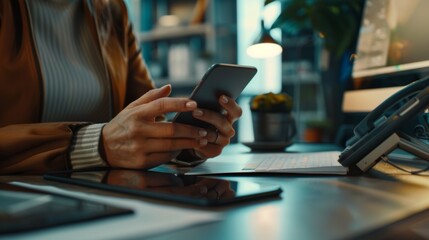 Nighttime, woman with smartphone, tablet, and planning at startup or firm desk. Closeup late-working businesswoman using phone, app, cloud computing, website connection.
