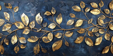 Elegant events, luxury, and nature-inspired themes with golden foliage, glistening leaves, and deep blue canvas. Elegant, brilliant, and regal composition for branding, backdrops, and images.