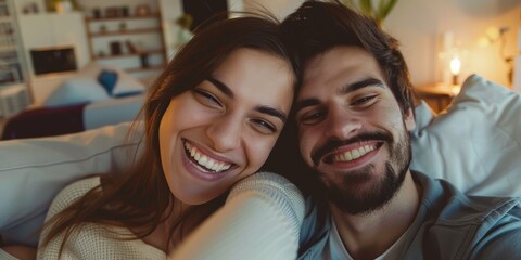 Close-up of loving young Caucasian couple taking selfie while spending time together. Young man with phone takes photo with girlfriend, smiling and cheerful. - Powered by Adobe