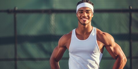 Smiley mixed-race tennis player alone on court. An athletic Hispanic with hands on hips and confidence at sports club. Get ready for a fit game