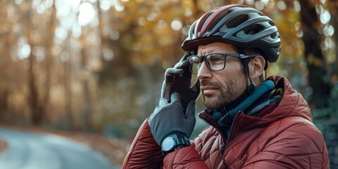 Closeup of man with glasses and gloves tying or removing helmet. Athlete wearing helmet for safety. Professional cyclist training outside or preparing for a ride