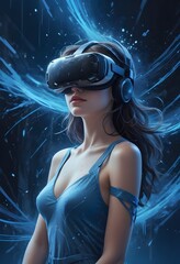 Young girl in the metaverse, wearing a virtual reality headset.