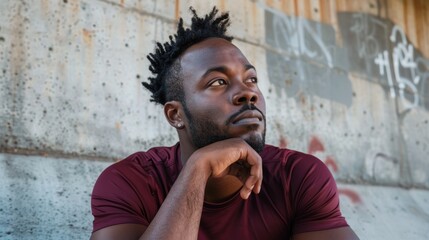 Obraz premium Face and fitness with a black male runner breathing alone in the city for cardio or endurance. An urban male athlete's vision, drive, and workout for health