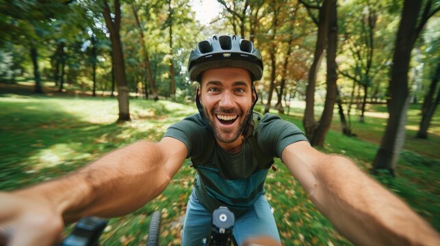 Cycle, smile, and selfie with man in nature for social media, training, and workout. Happiness, internet, and workout with forest park cyclist portrait for adventure, cardio, and photo. - Powered by Adobe