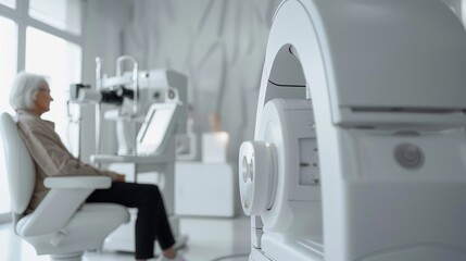 Ophthalmology, medical, and eye exam with patient and doctor for vision, healthcare, or consulting. Technology, medicine, and optometry for older women, retinal screening, and therapy