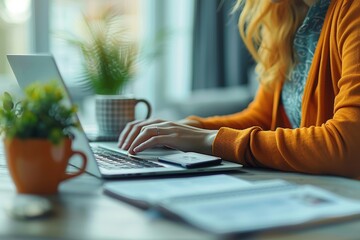 Close up shot of a woman's hands typing on laptop keyboard to search or work while sitting at the deks in the cozy living room, work from home.