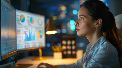 Female businesswoman using screen or computer data analytics for financial planning, budgeting, or startup accounting at night. Evening finance worker technology chart, graph, or infographic