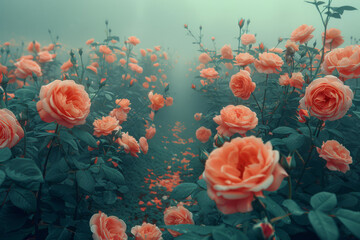 Enchanting Rose Garden Shrouded in Misty Dreamscape Atmospher
