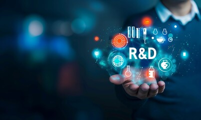 A person is holding a hand up to a screen with the word R&D written on it