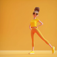 3d stylish girl character standing in funny pose and wearing sunglasses on isolated yellow background