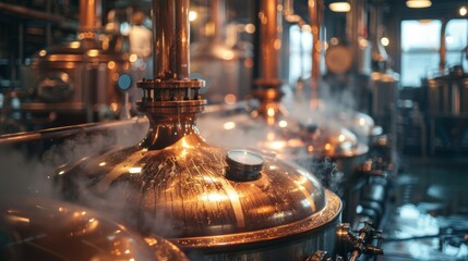 Brewing Vessels: A real photo shot depicting brewing vessels in action, with steam rising from boiling wort and hops being added, maintaining naturalness in the brewery environment.
