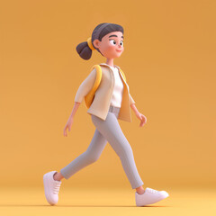Fototapeta premium 3d stylish teenager girl character walking on isolated yellow background