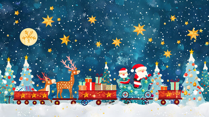Naklejka premium A vibrant Christmas greeting card or wallpaper featuring festive characters such as Santa Claus, reindeer, snowmen, with a Christmas tree decorated with stars and gifts.