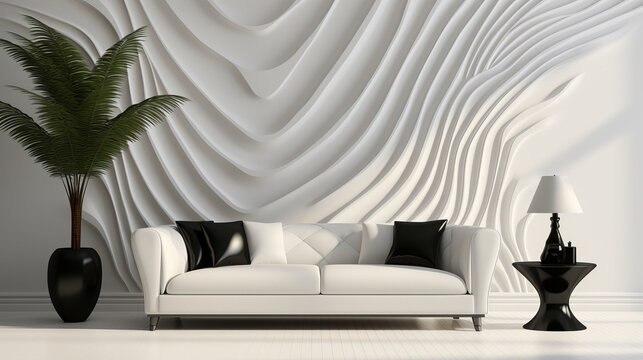 Monochrome interior of living room in minimalist style with white sofa and pattern on the wall.