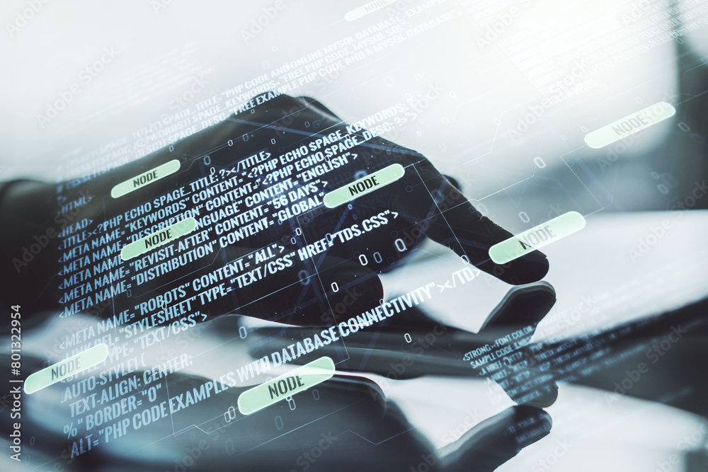 Poster Double exposure of abstract programming language hologram with finger clicks on a digital tablet on background, research and development concept