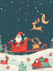 Fototapeta premium A vibrant Christmas greeting card or wallpaper featuring festive characters such as Santa Claus, reindeer, snowmen, with a Christmas tree decorated with stars and gifts.