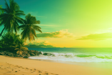 Idyllic tropical beach scene with golden sand, swaying palm trees, and turquoise waters under a warm sunset sky.