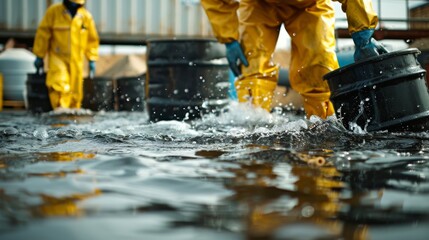Chemical Neutralization: A real photo shot capturing the chemical neutralization process in action, where specialized agents are applied to the spill to neutralize hazardous substances. - obrazy, fototapety, plakaty