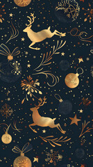 A vibrant Christmas greeting card or wallpaper featuring festive characters such as Santa Claus, reindeer, snowmen, with a Christmas tree decorated with stars and gifts.