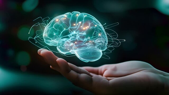 Close up hand of doctor holding glow blue light human brain, Future medical diagnosis, Artificial brain cognition, Digital innovation, Artificial intelligence, 3D Illustration, Medical and technology	