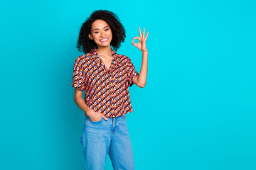 Photo of adorable pretty lady wear print shirt showing okey sign empty space isolated blue color background