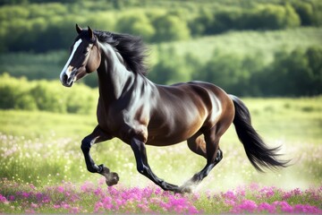 Obraz premium 'andalusian blooming horse galloping meadow fast male spanish dun andalusia active outside nobody horizontal colours many-coloured1 animal domestic gold green equine motion baroque purebred halter'