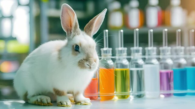White rabbit in scientific lab experiment, Research on chemicals and test them on animals, A rabbit for experiment in laboratory	