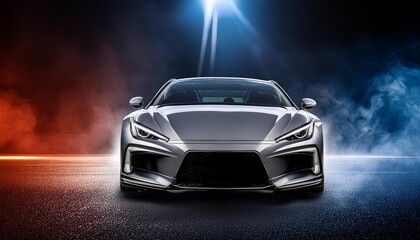 Naklejka premium Luxury expensive car parked on dark background. Sport and modern luxury design gray