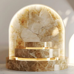 2 stacks mockup of Luxurious circular podium, glossy gold marble, ambient soft lighting, against a sleek, minimalist white space, essence of sophistication