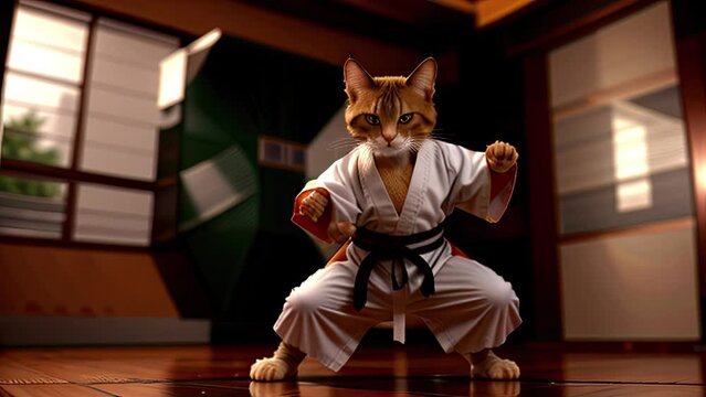 Cute cat in karate uniform. Generative AI
