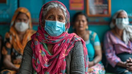Community Health Centers: depicting community health centers providing care and support to individuals affected by the PM 2.5 dust crisis, highlighting the importance of accessible healthcare.