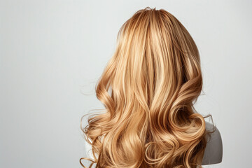 Fototapeta premium A blonde wig with brown tones, featuring curly and wavy textures, elegantly displayed on a wig stand against a plain white background. This real hair wig showcases the quality and versatility