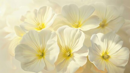 Delicate primrose petals, elegant cream background, botanical art magazine cover, soft morning light effect, close frontal view