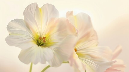 Obraz na płótnie Canvas Delicate primrose petals, elegant cream background, botanical art magazine cover, soft morning light effect, close frontal view
