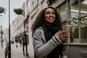Obraz premium Woman holding mobile phone, walking in the city