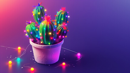 A festive isometric cactus decorated with colorful lights and streamers