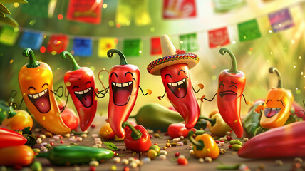 Fototapeta premium A group of colorful peppers having a fiesta, with salsa music playing in the background