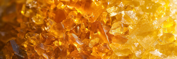 Glistening amber crystals, showcasing their rich, golden hues and intricate textures, radiating a warm, natural light.