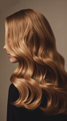 Obraz premium Professional photo of a hair model showcasing beautiful, flowing light brown hair from a back view, ideal for use on a hair dye package. The image highlights the hair's natural shine and volume