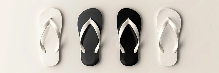 Slippers and flip flops at the beach, vector design template. Realistic 3d blank mockup. Sign with beach slippers. Black and White Flip Flops. isolated on white background 