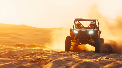 A UTV buggy in motion on a sunny beach