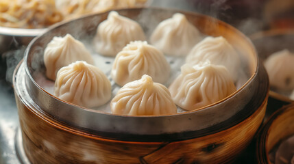 Juicy steamed dumplings in a traditional bamboo steamer, emitting steam, suggesting freshness and warmth.
