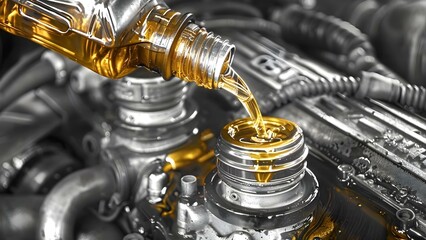 Pouring Golden Motor Oil into a Car Engine for Lubrication. Concept Car Maintenance, Engine Lubrication, Motor Oil, Auto Repair, Vehicle Care