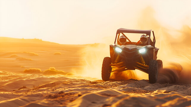 A UTV buggy in motion on a sunny beach