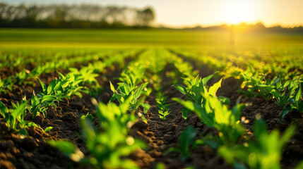 Sun rises over a field of young corn seedlings, casting a warm glow and highlighting the vibrant green plants against the rich soil.