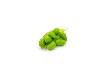 Fresh edamame soybeans and pods isolated on white background.