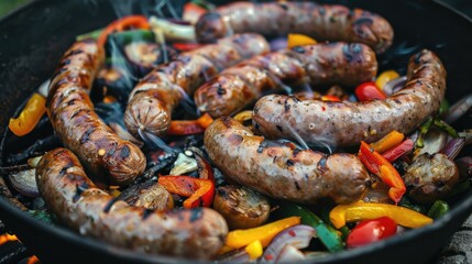 Sausages fried on fire in a plate with vegetables. Food for a picnic, a quick snack.