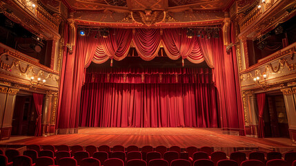 Fototapeta premium The theater stage with red velvet curtains and seats for the audience, classic theater interior background. Stock photo