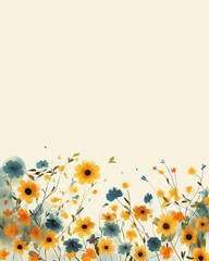 Soft yellow background with red, orange, yellow and blue flowers in watercolour style. Postcard. Background. Vertical. Place for text.