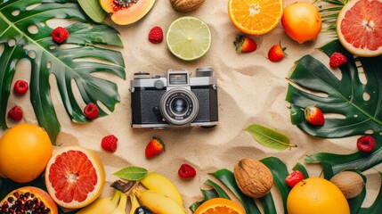 Old photo camera with summer fruits on sand background. Top view. summer background concept. with copy space